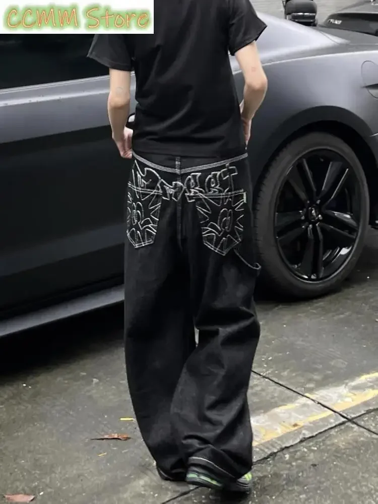 

Винтажные черные джинсы с вышивкой, женские уличные брюки большого размера, мешковатые джинсовые брюки в стиле гранж, джинсы-бойфренды, хип-хоп, готика