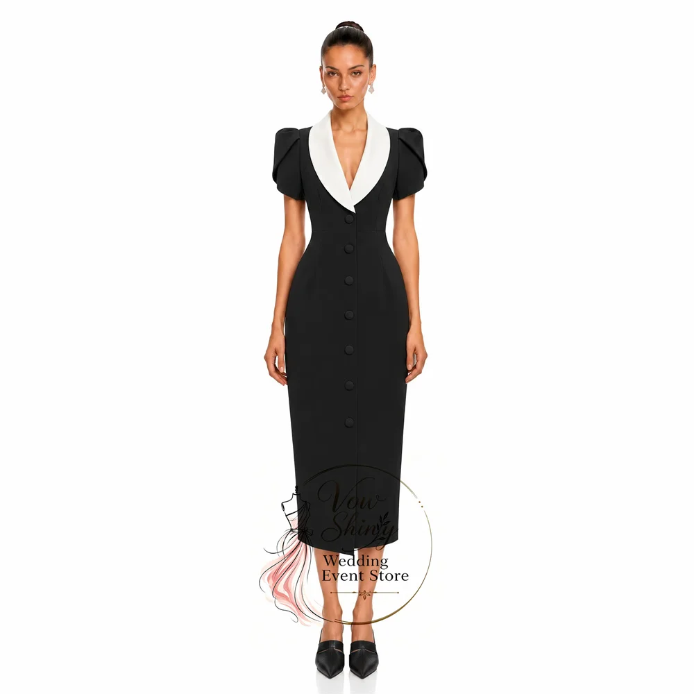 Vow Shiny Contrast Color V-Neck Straight Formal Evening Gown Matte Satin Short Sleeves Tea-Length Prom Gown Customized 2027