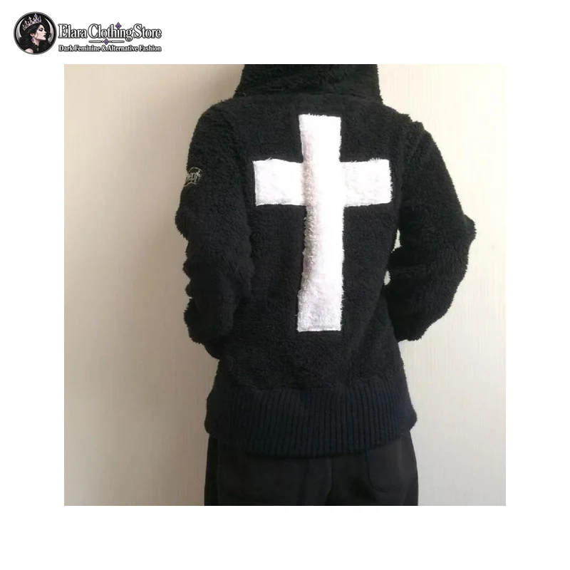 Black Skull Cross Textured Long Sleeve Hooded Jacket Dark Gothic Graphic Zip Front Ribbed Cuff Loose Fit Womens Fleece Look Coat