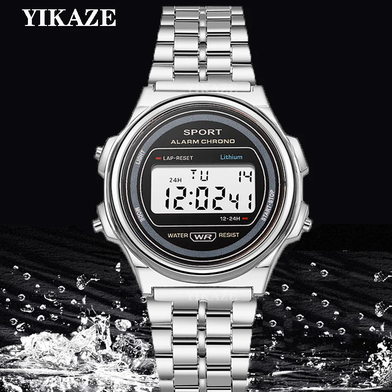 YIKAZE jam tangan Digital Stainless Steel pria, jam tangan olahraga bisnis elektronik Digital mewah untuk pria dan wanita