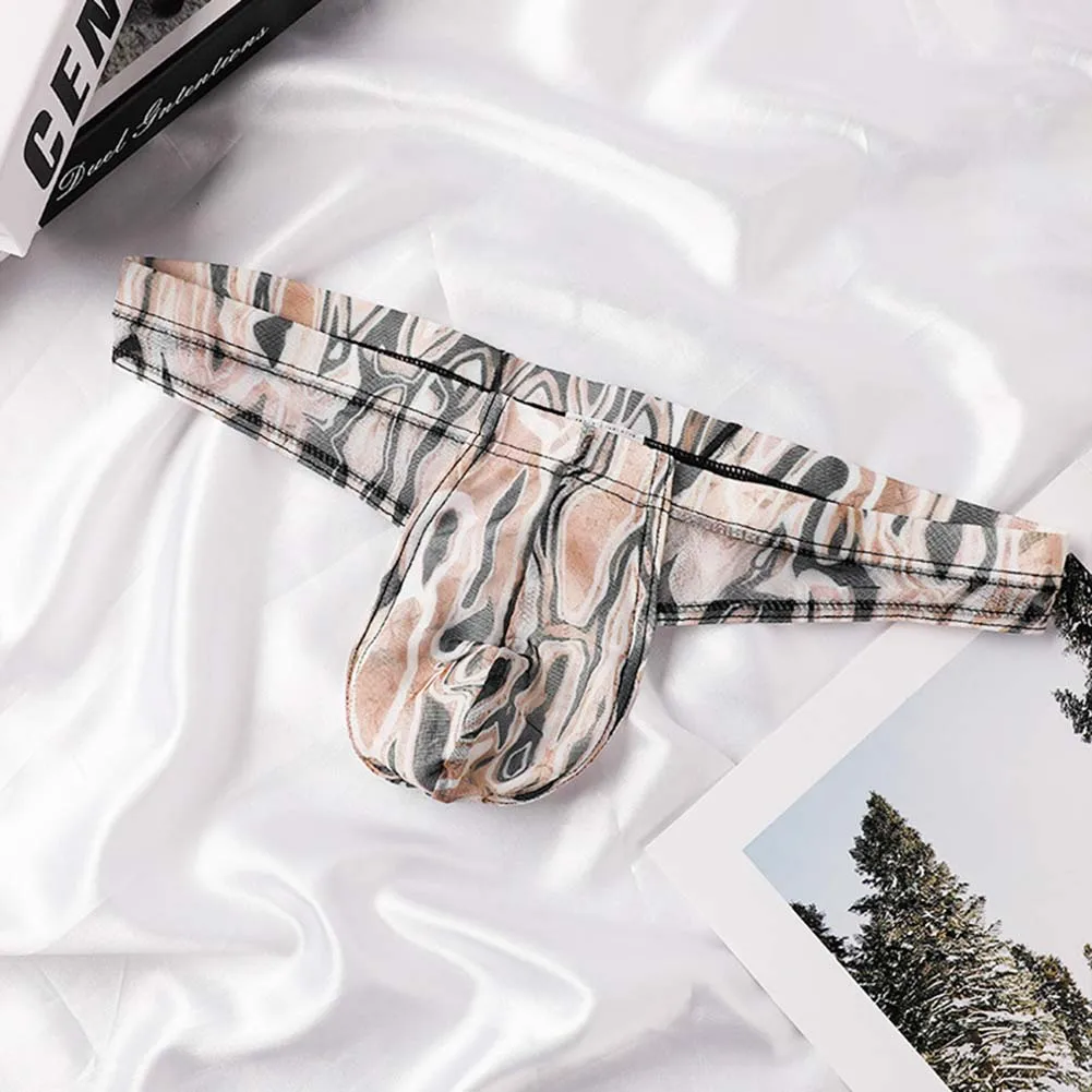 Men Striped Low Waist Thongs Mesh See Through Underwear Sexy Big Pouch G-strings Gay Sissy Ice Silk Sheer T-back Briefs