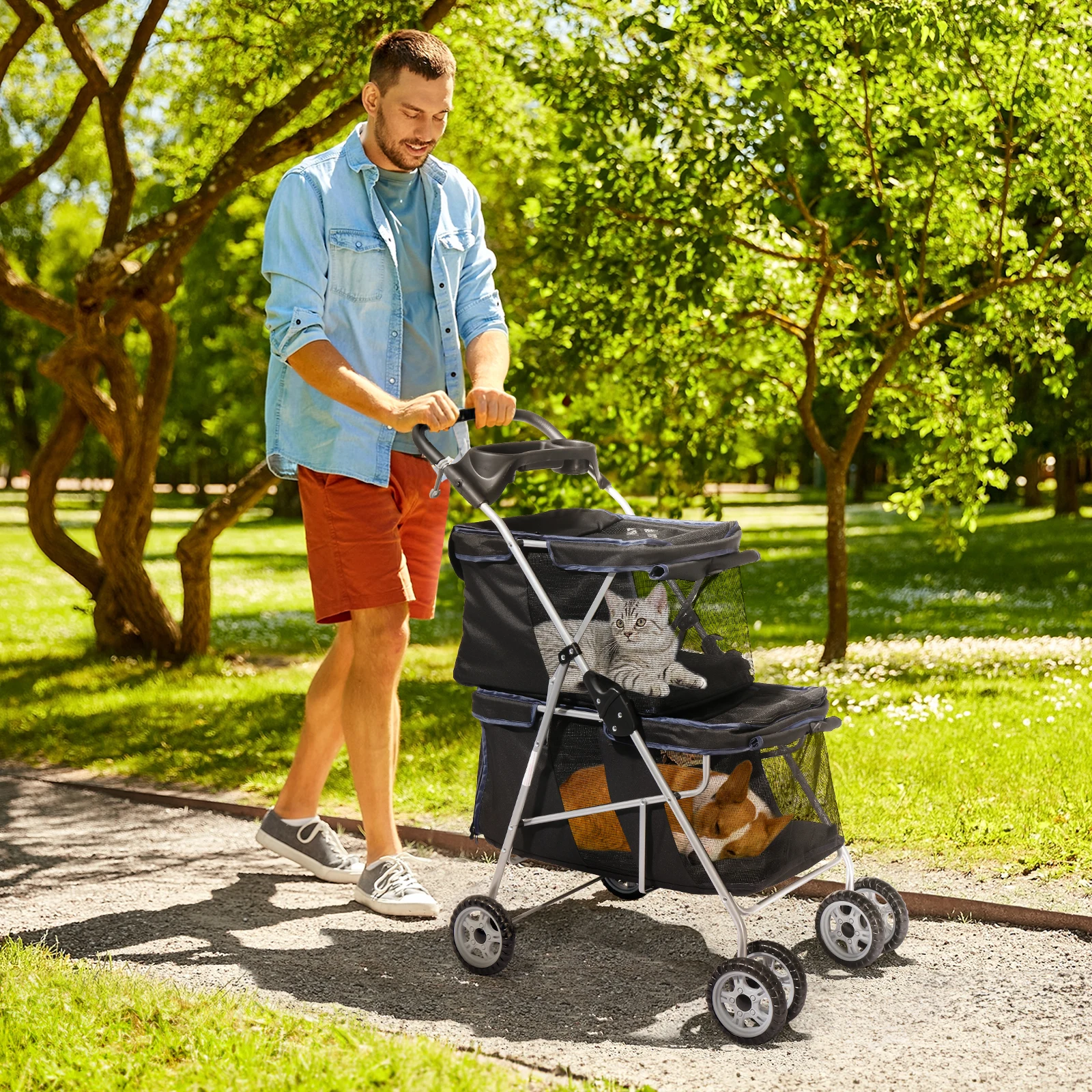 

Pet Stroller for 2 Dogs Cats, Double 4 Wheel Cat Pet Carriers Bag Jogger for S M Pets, Waterproof Folding Crate with Soft Pad
