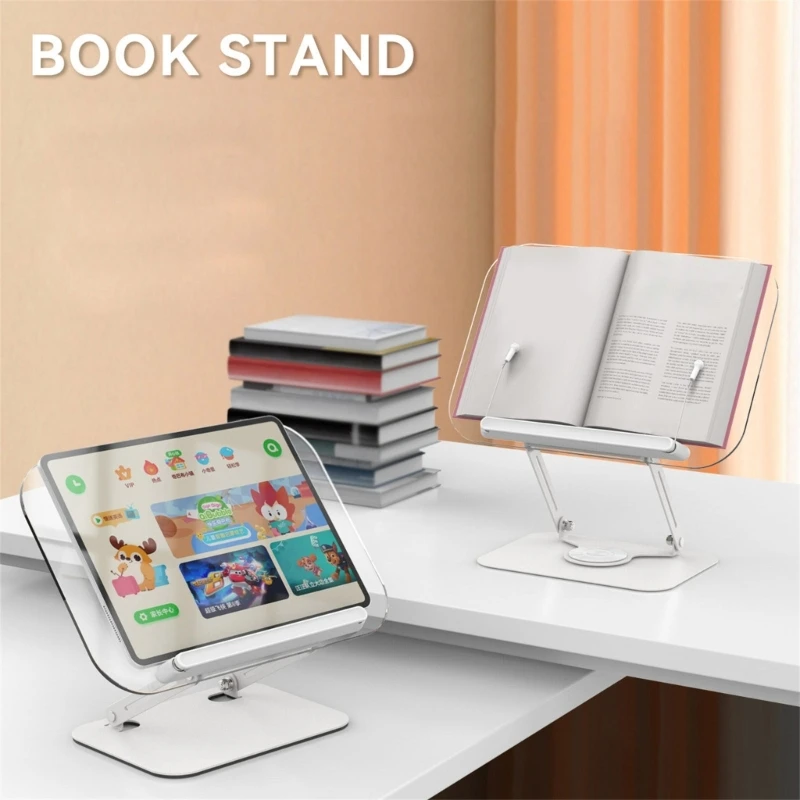 Adjustable Clear Acrylic Book Stand, 360 Degree Rotatable Base Optional for Tablets Laptops and Cookbooks Folding Holder