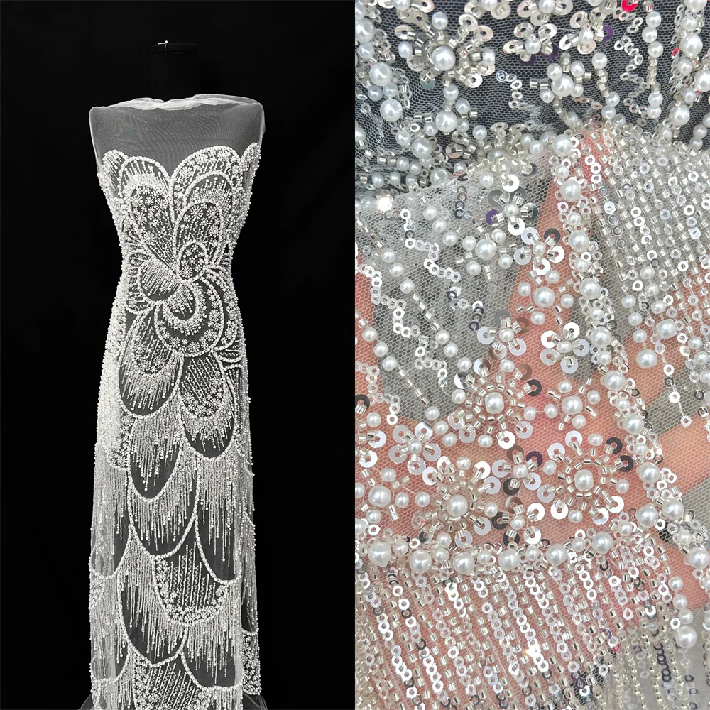 

Fashion French Embroidery Heavy Beaded Tulle Lace Fabric High Quality African Nigerian Sequins Lace Fabric For Wedding Dress
