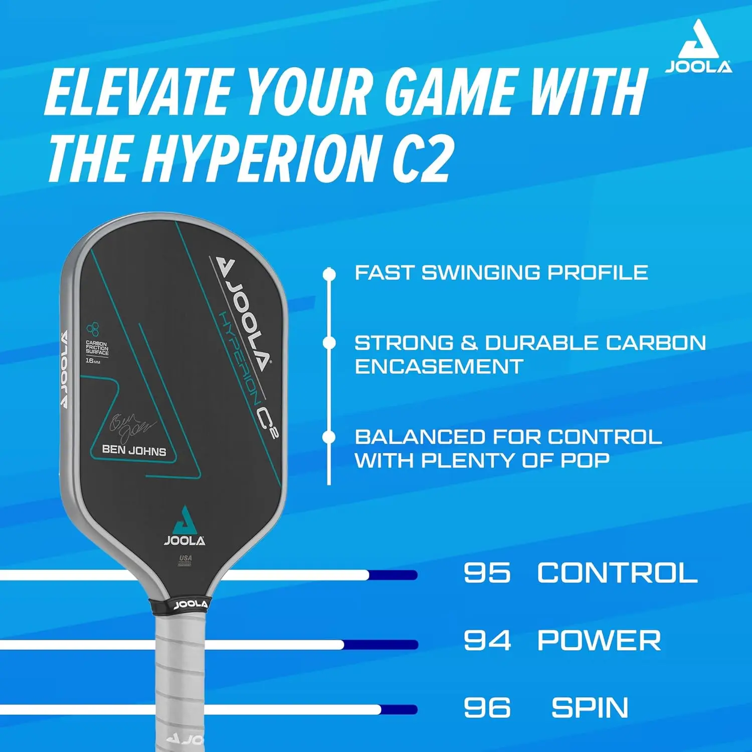 Ben Johns Hyperion C2 Pickleball Paddle - Forma Aero-Curve Hyperion con tecnología de superficie cargada de Ben Johns Perseus -