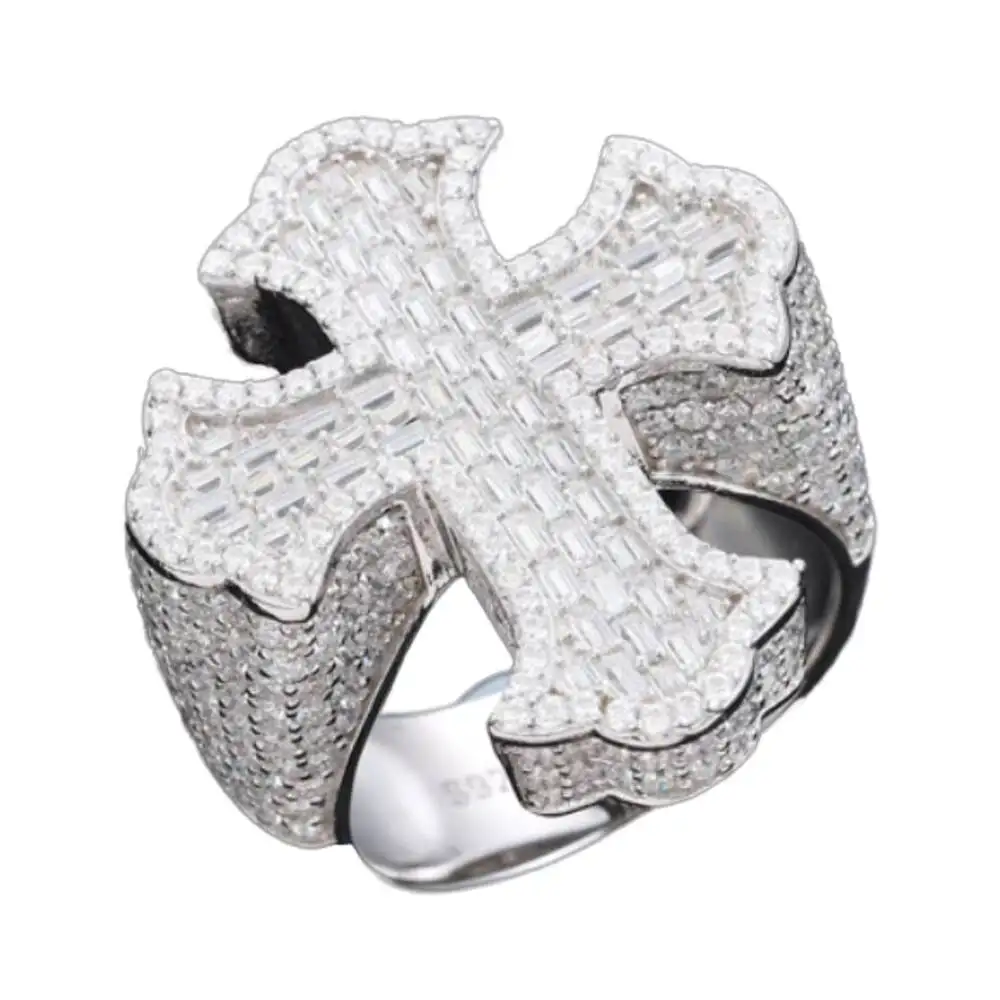 

For Certified Moissanite Cross Cluster Ring Men Hip Hop Baguette 925 Sterling Silver Gold Plated Vvs Iced