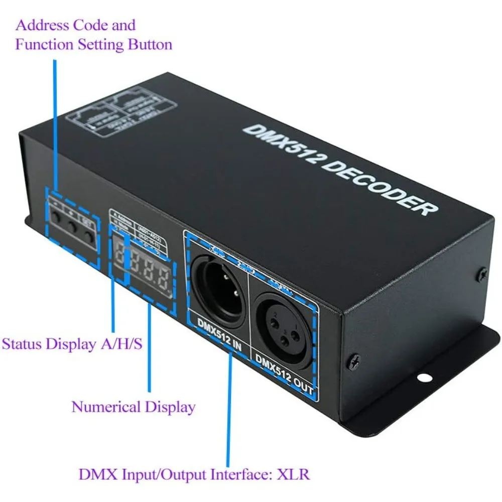 LED DMX 4CH Digital Display Decoder, Dimming Driver LED DMX512 Decoder for RGBW Strip Light DC12-24V 4A/CH