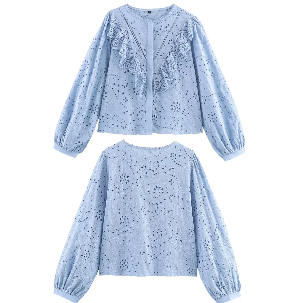 

Jenny&Dave Autumn Women's Embroidered Blouse Hollow-out Shirt French Country Lazy Light Blue Cotton Long-sleeved Casual Shirt To