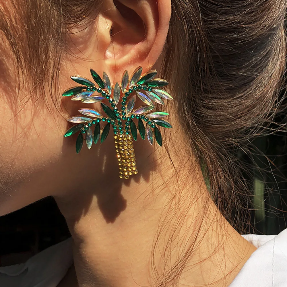 Exaggerated Coconut Tree Earrings for Women, Exquisite Diamond-encrusted Catwalk Style Creative Temperament Earrings