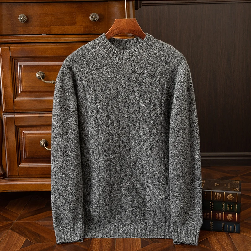 

Men's Autumn Winter Thick Sweater O-neck Long Sleeve Cable Knit Pullover 100% Merino Wool Soft Warm Casual Knitted Jumper Top