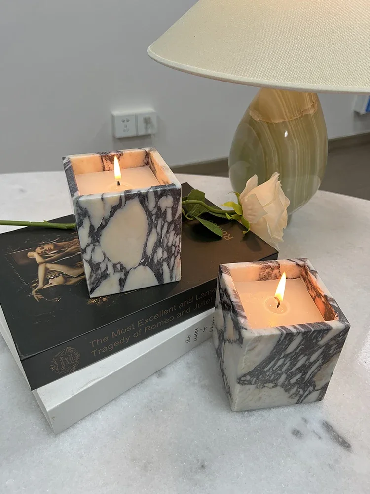 Luxury Natural Stone Calacatta Viola Violet Marble Onyx Holder Cups Candle Jars Empty Vessels Container Home Decor
