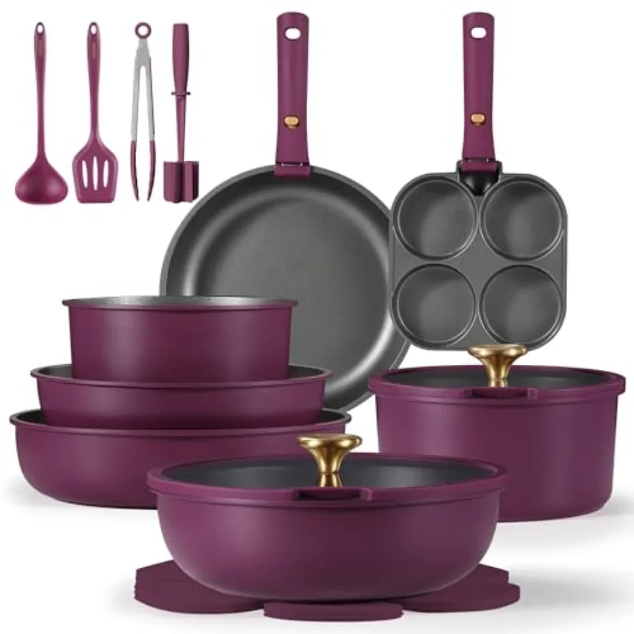 

21pcs Pots and Pans Set, Nonstick Cookware Set Detachable Handle, Induction Kitchen Cookware Sets Non Stick with Removable Hand