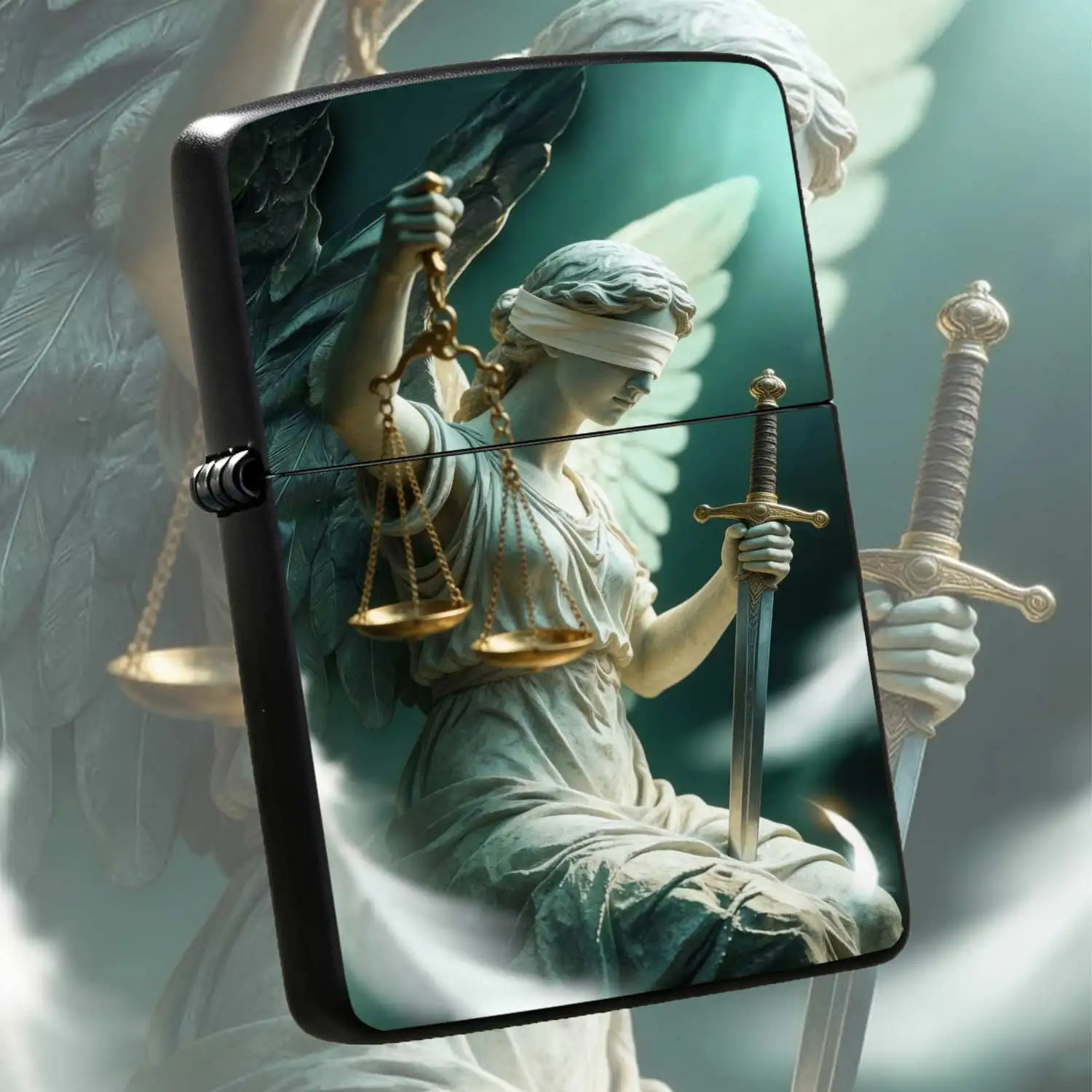Flip-top Pocket  Windproof  Lighter, Featuring Themis Goddess of Justice Relief, Retro Weathered Texture Body, Portable and Durable Ignition Tool for Outdoor and Daily Use, Personalized Collectible and Gift Item  Lighter