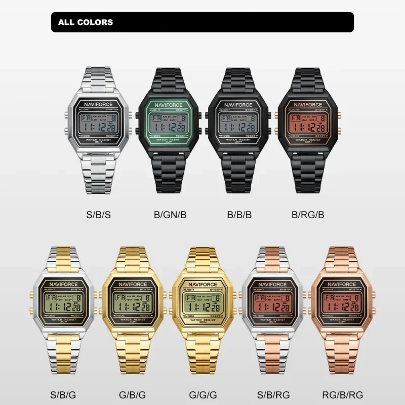 NAVIFORCE ساعة إلكترونية فاخرة للسيدات عرض التاريخ وضع مضيء LED مصباح 3ATM مقاوم للماء حزام من الفولاذ المقاوم للصدأ ساعة أنيقة