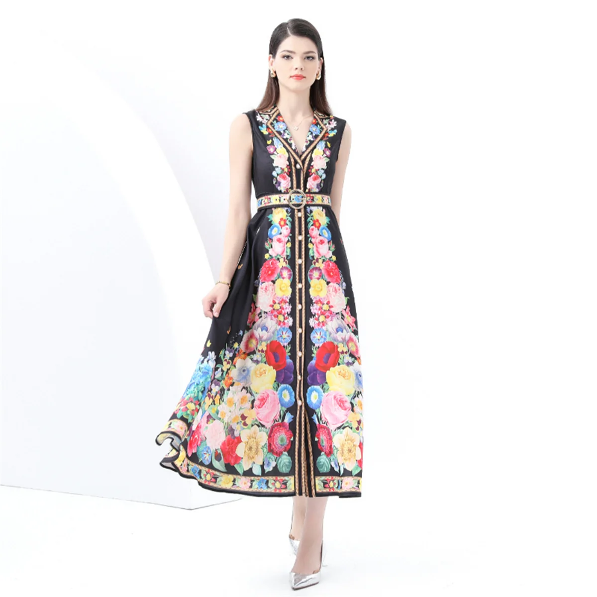 

Resort Style Notched Neck Sleeveless Wide Hem Wavy Edge Floral Print Long Dress Summer Vintage Belt Slim Women Clothing