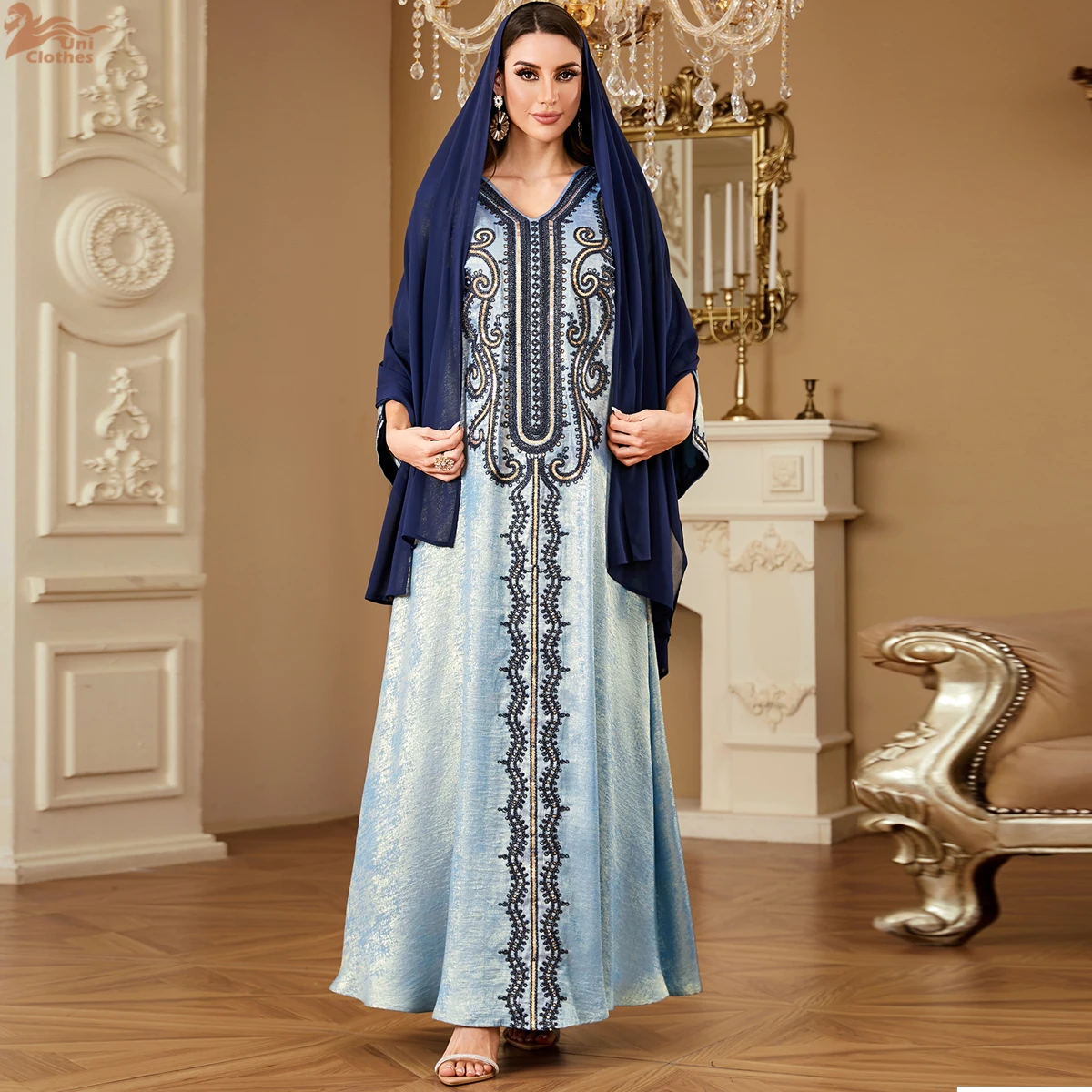 

Мусульманское платье-абайя с вышивкой для женщин на Рамадан, свободного кроя, с хиджабом, элегантный повседневный кафтан в стиле Гала, Марокко, Дубай