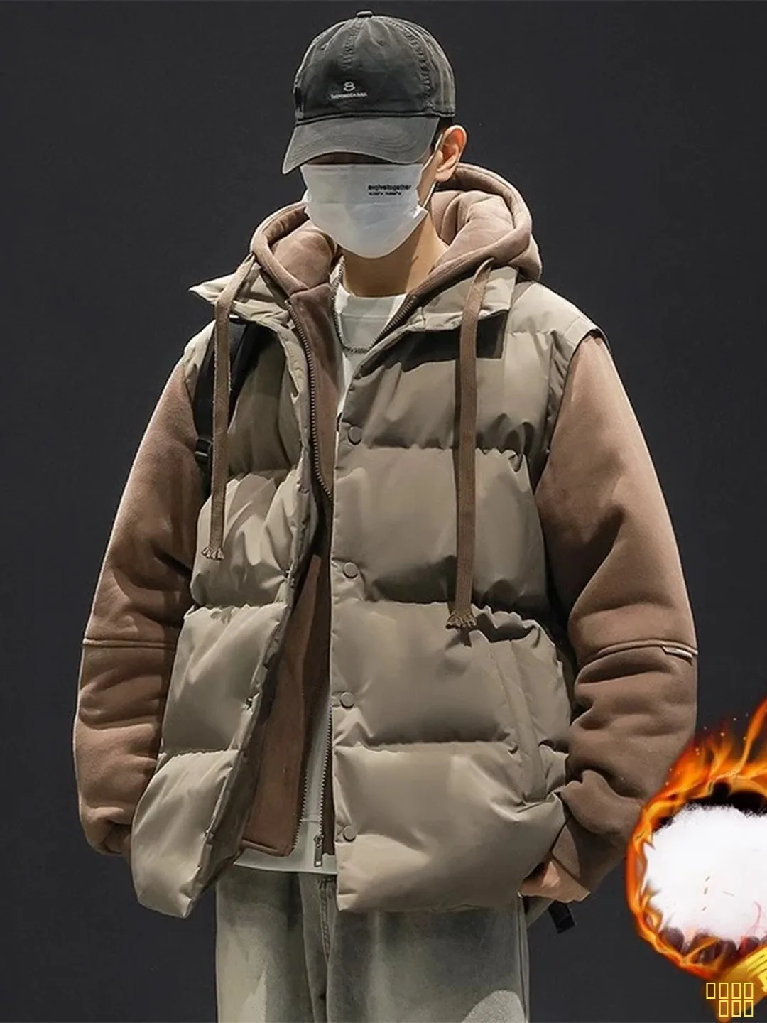 

Retro American Spliced Men's Cotton Jaet Winter Thi Warm Hooded Loose Faionable Cotton Coat Outerwear Polyester Fiber