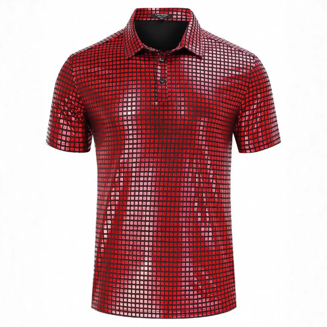 

Men's ort Sve irt 2025 New Sle Bright Sequin Flip-Collar iny Surface T-irt Ultra Slim Fit Spring Season Fas...