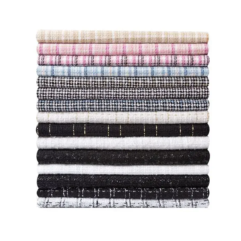 Tweed Fabric By The Meter for Coat Bag Waistcoat Skirt Diy Needlework Sewing Thick Soft Warm Cloth Plaid Striped White Pink Blue