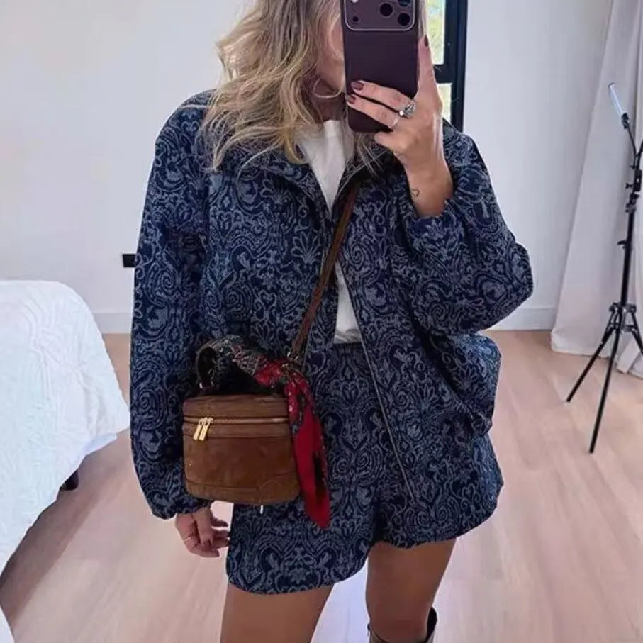 Early Autumn New Arrival Women's Fashion Versatile Walnut Print Jacket And Shorts Set Long Sleeve Zipper Closure Universal Fit