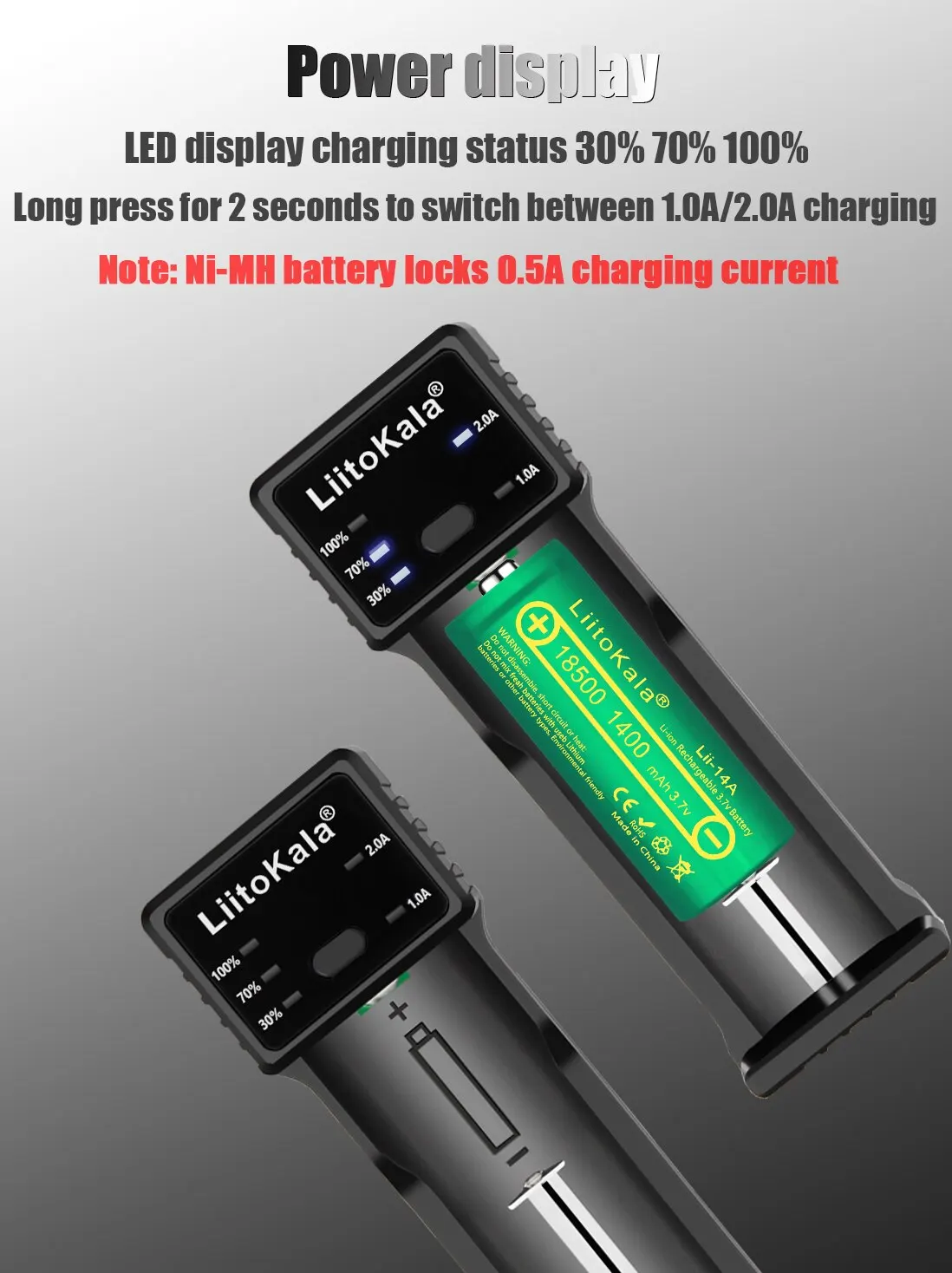 LiitoKala Lii-100C 21700 Battery Charger For 18650 18350 26650 16340 RCR123 14500 3.7V 1.2V Ni-MH Ni-Cd 2A USB Smart Charger