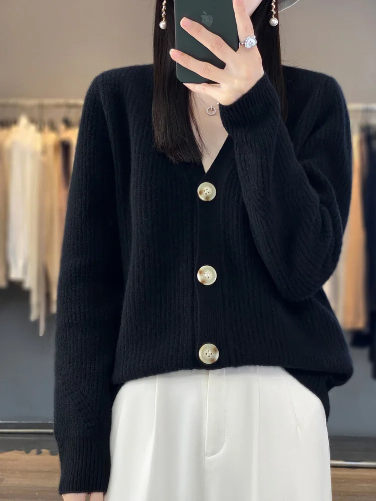 Autumn Winter V-neck Buttoned Cardigan For Women 100% Merino Wool High Quality Casual Solid Cashmere Sweater Female Clothing