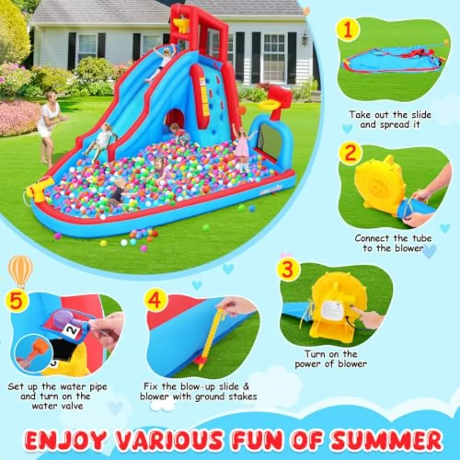 Backyard outdoor water slide inflatable bounce house park for kids: PVC material, blue and yellow, with climbing wall, long sli view 4
