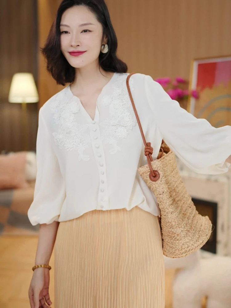 

Женская летняя блузка из ацетата с вышивкой, свободного кроя, дышащая, приятная к коже, в стиле французских лепестков