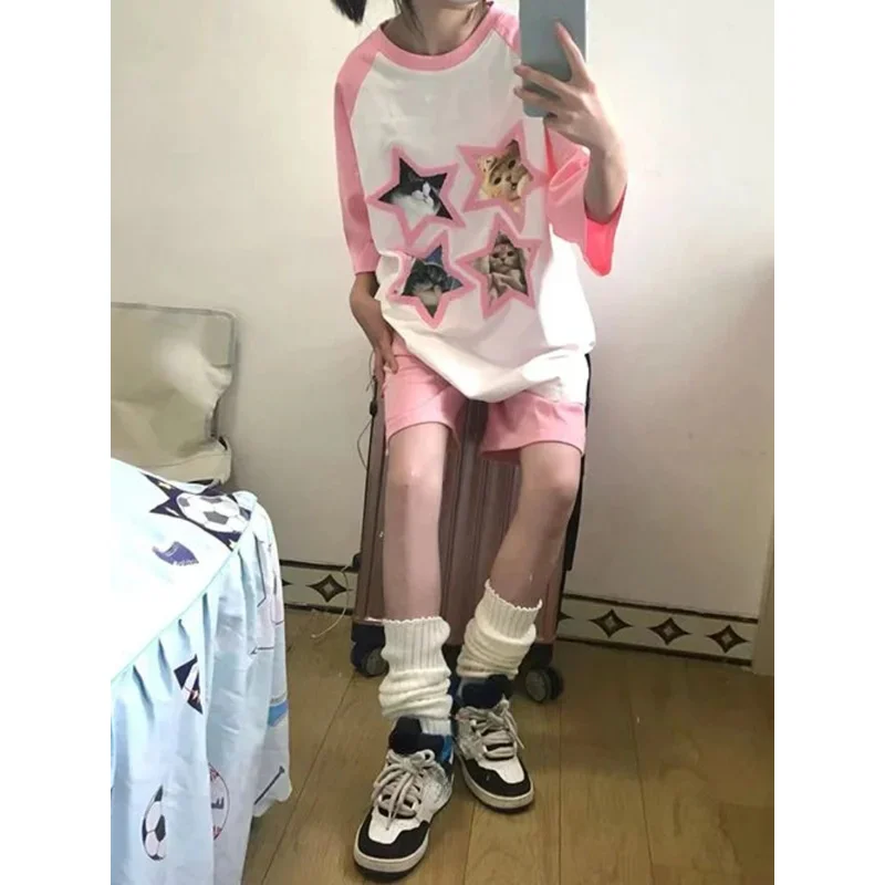 Japanese Y2k Aesthetic Tshirts Sweet Kawaii Cartoon Cat Print Women T-shirt Cute Loose Casual All Match Tee Shirts Summer Grunge