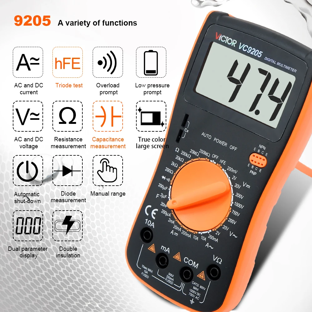 Victor 9205 Multimeter Backlight Capacitance hfe Meter AC/DC 1000V Voltage Diode Continuity Frequency Tester True RMS Ammeter