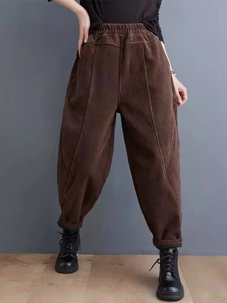 Pantalones informales de pana para mujer, pantalón grueso y cálido de terciopelo, bombacho de gran tamaño, acolchado de algodón, de pierna ancha, novedad de 2024