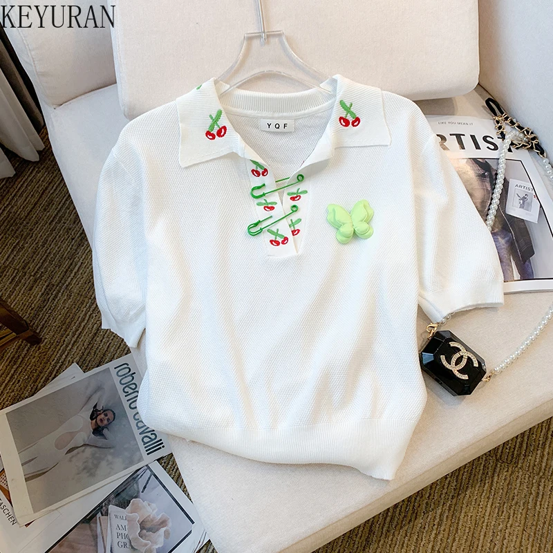

2025 Summer New Polo Collar Cherry Embroidered Short Sleeve Ice Silk Knit T-shirt Women Stylish Casual Ladies Knitwear Tops Tees