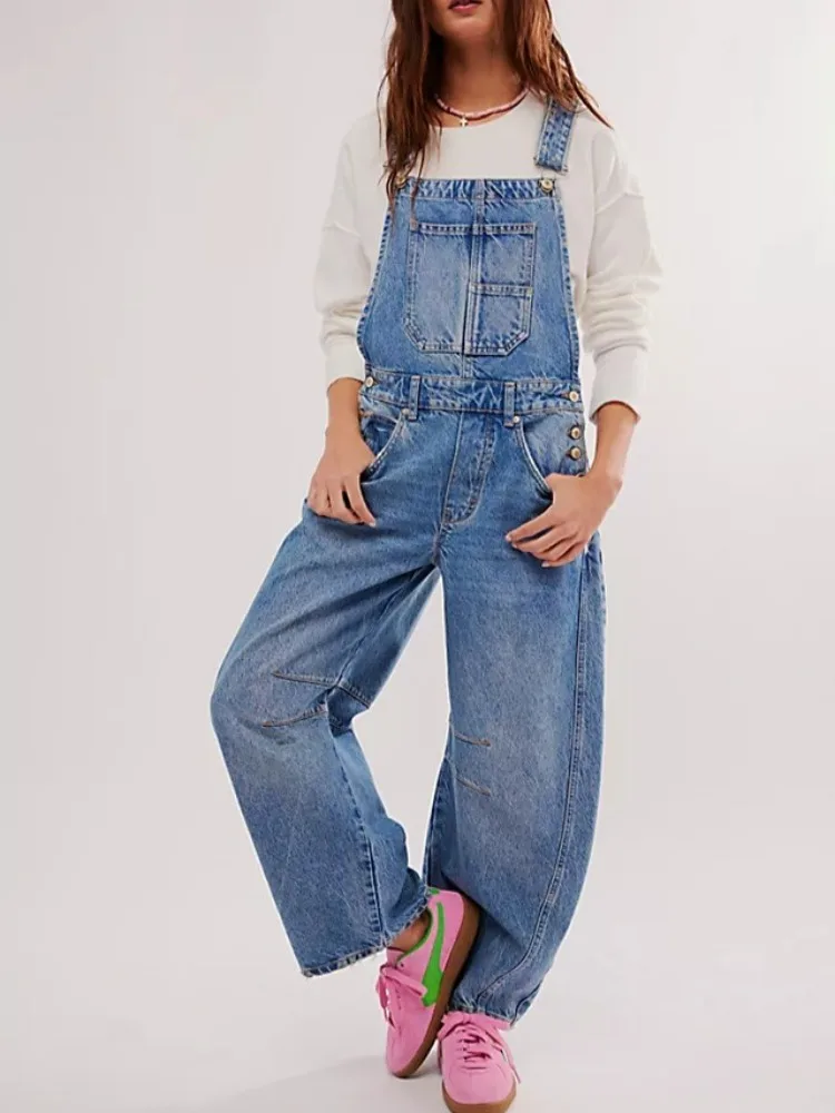 

Vintage Washed Denim Overalls Safari Style Loose Casual Straight Denim Jumpsuits Streetwear