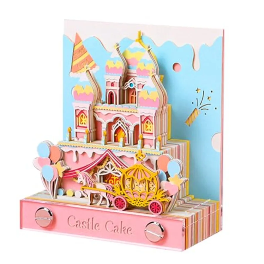 

3D Memo Pad Magic Castle with Light, Rip Away Paper Carving Art Notepad, Non-Sticky DIY Note Pad Cubes Note Cards Stickers Post