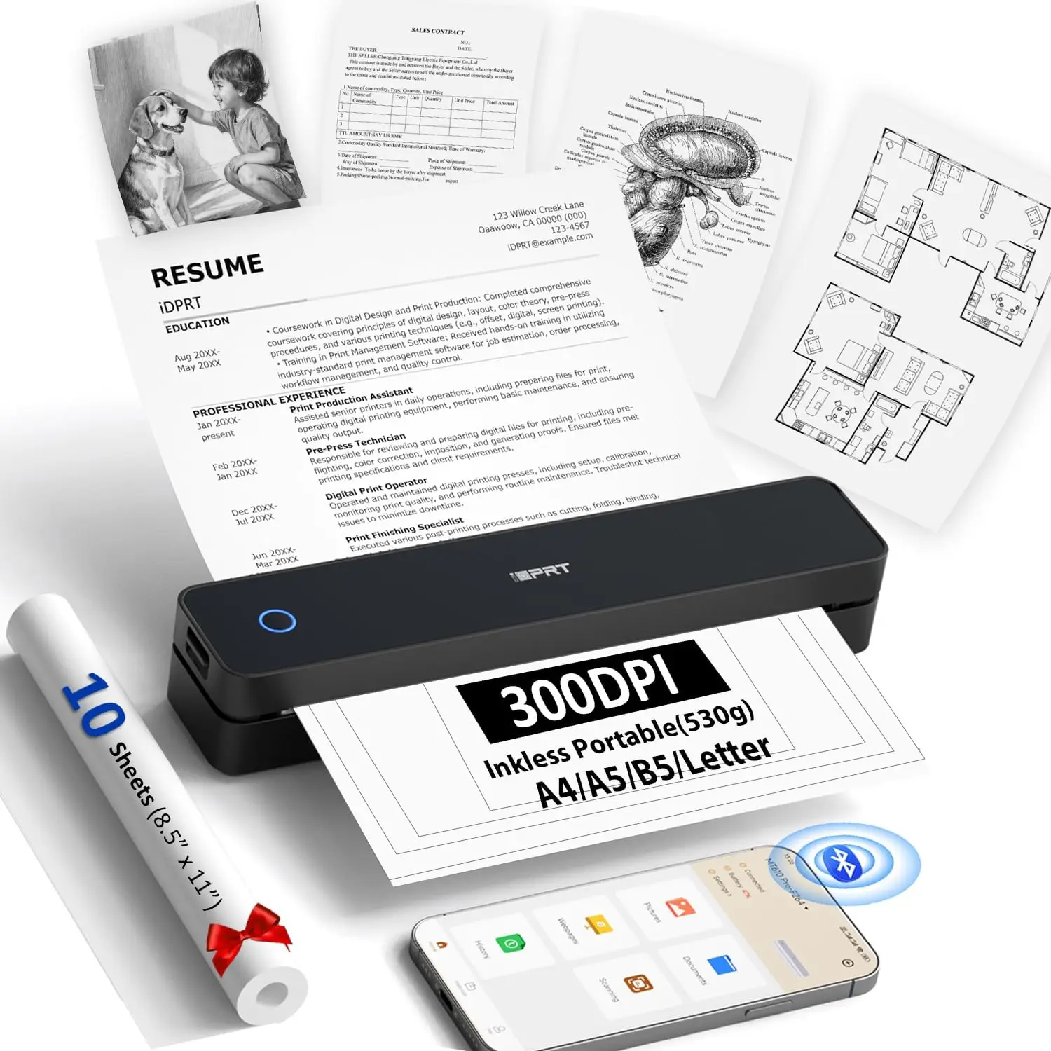

Портативный термопринтер для путешествий, беспроводной Bluetooth, поддержка форматов A4 и US Letter, совместим с iOS, Android, ноутбуками, черный