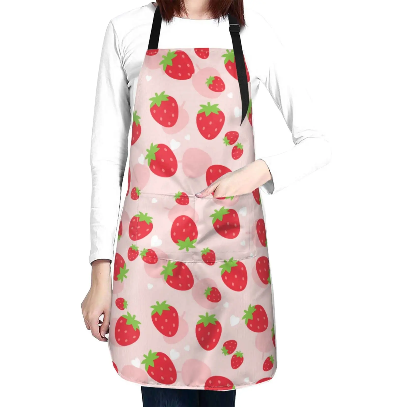 Red Strawberry Waterproof Apron With 2 Pockets Kitchen Chef Aprons Bibs For Grooming Cooking Baking Painting Gardening