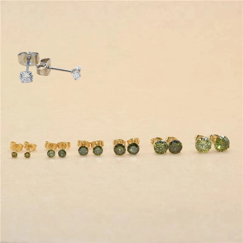 

Size 3mm to 8mm 316L Stainless Steel Olive Green Color Round Zircon Stud Earrings No Fade Allergy Free Brief Jewelry
