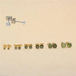 Size 3mm to 8mm 316L Stainless Steel Olive Green Color Round Zircon Stud Earrings No Fade Allergy Free Brief Jewelry