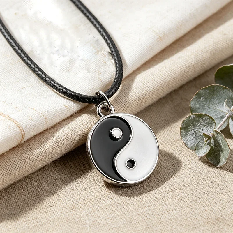 Tai Chi Yin Yang Necklaces Vintage Black White Enamel Trigrams Pendant for Women Men Adjustable Wax Cord Halloween Gift