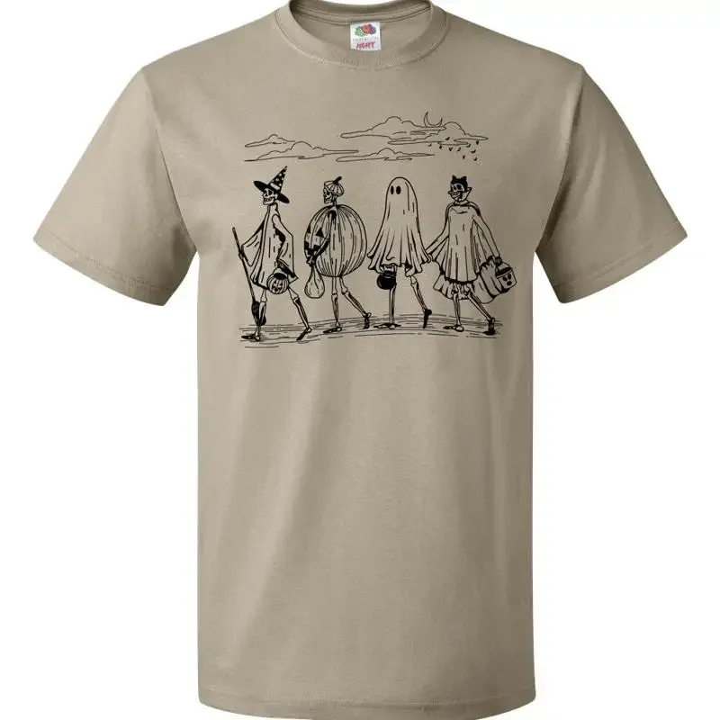 Vintage Walking Skeletons Halloween Trick Or Treating Fashion Graphic Tee Shirt