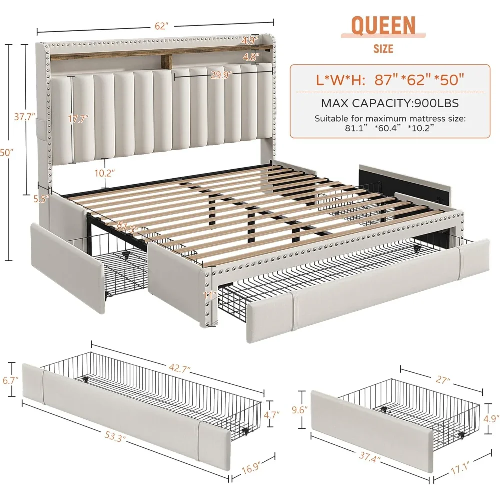 Queen-Size-Bettgestell, gepolsterter Plattform-Bettrahmen, Queen-Size-Bett mit 3 Schubladen, Queen-Size-Bettgestell mit Stauraum