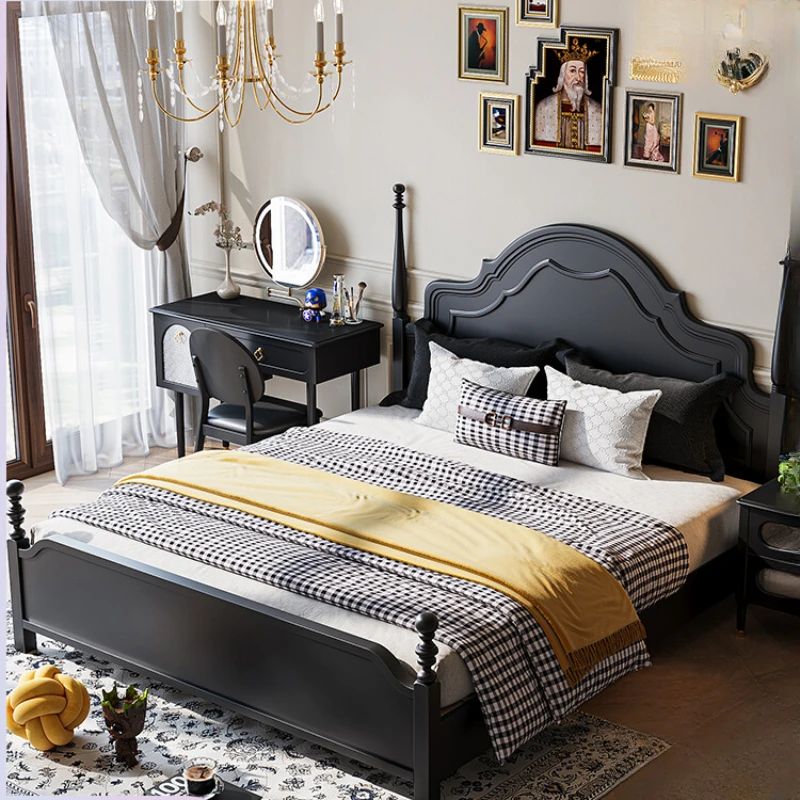 Retro 1.8-meter double bed, wedding master bedroom, modern carved black 1.5-meter bed