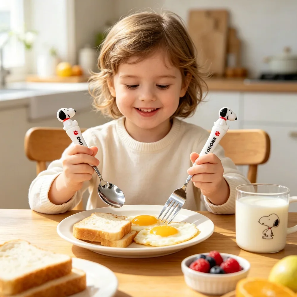 Neues lustiges Gabel-Löffel-Set für Kinder, Peanuts Snoopy, ABS-Griff, Edelstahl-Besteckset, Gabel-Löffel mit Box, Haushaltswaren, Kindergeschenke – Detail 3