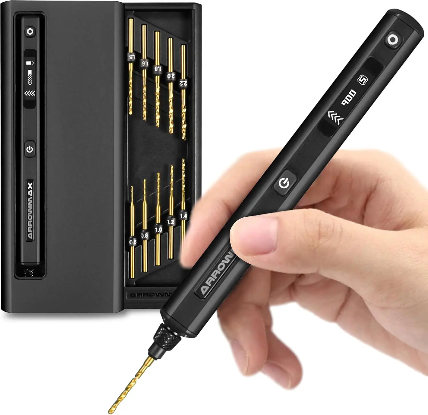 

Mini Electric Drill Pen, 5-Speed, 10 Small Drill Bits with Aluminium Box, LED Lights, OLED Display, Resin Mini Drill Set For Jew