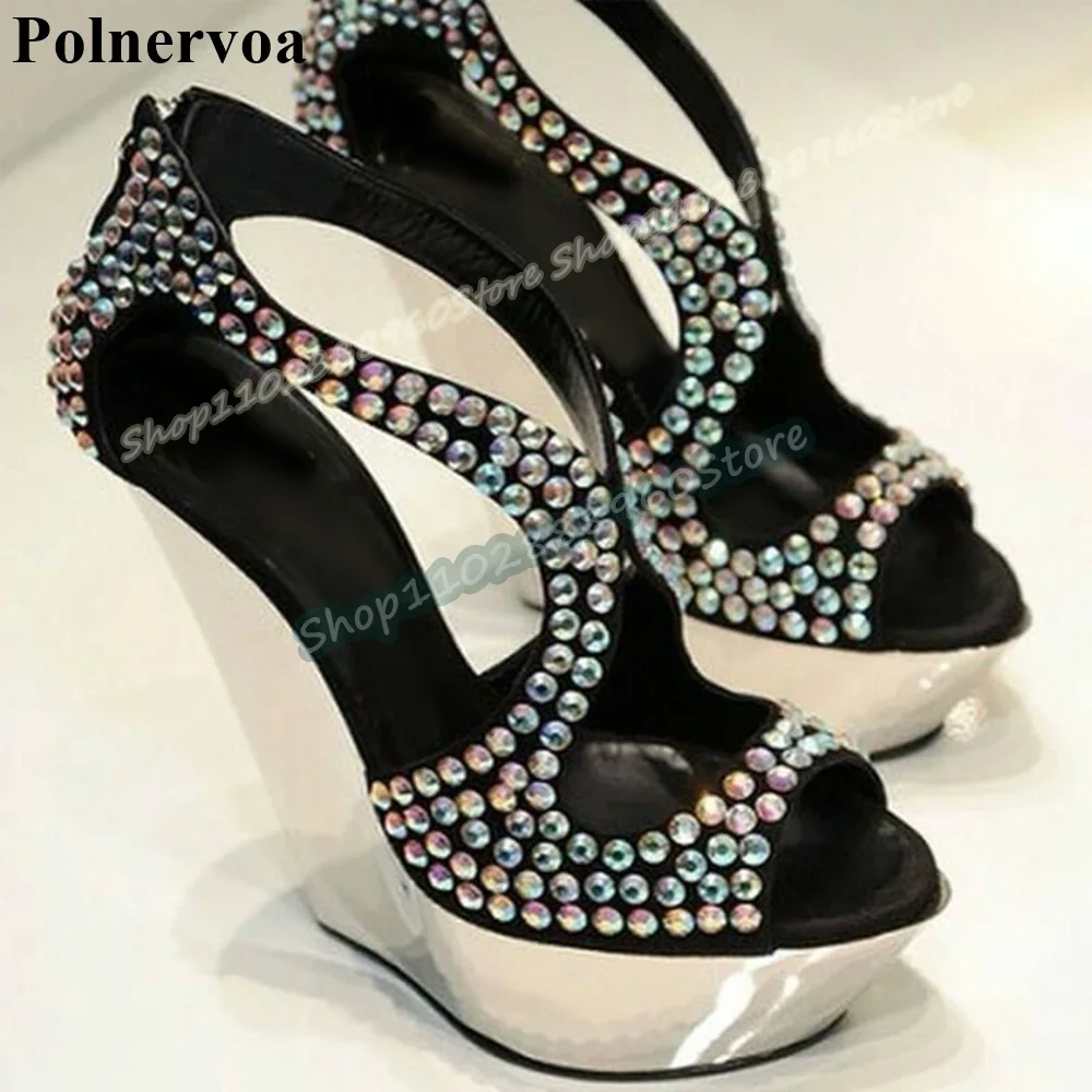 

Sexy Black Full Crystals Platform Sandals Wedges High Heel Shoes For Women Back Zipper Peep Toe Gorgeous Luxury Banquet Sandals