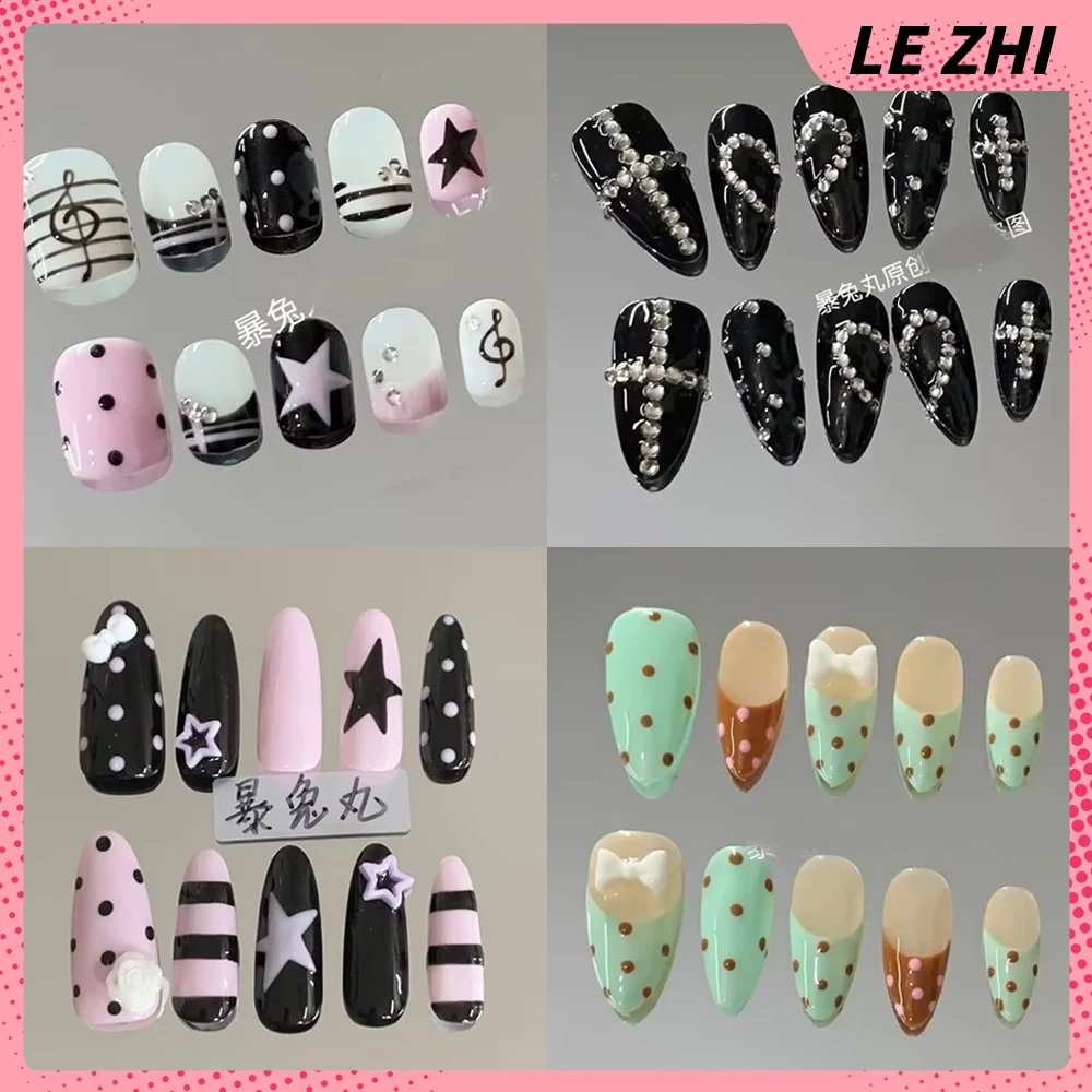 

3D Punk Metal Gothic Press On Nail Art Stiletto Black White Simple Camellia Design Rhinestone Nails Sticker Girls