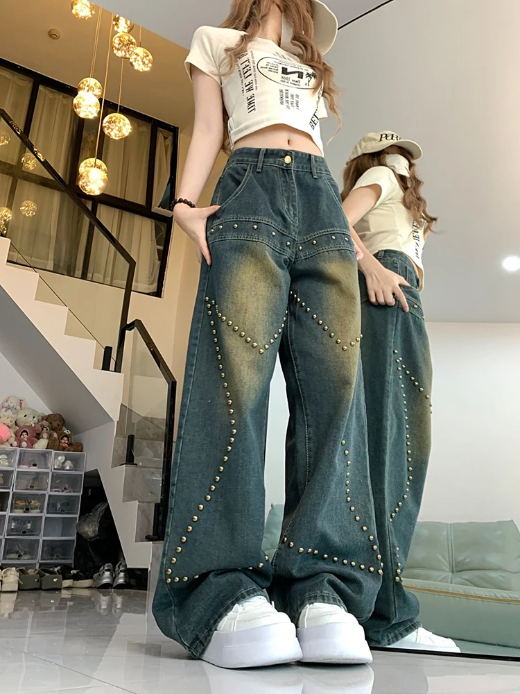 Frauen High Street Gewaschene Baggy Gerade Hosen American Vintage Chic Hohe Taille Y2K Niet Design Breite Bein Denim Hosen