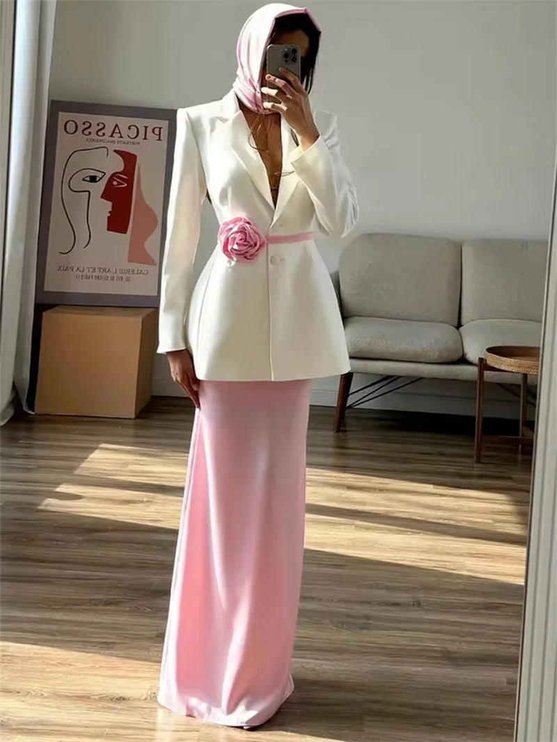 Saudi Arabia Women Prom Dress With Scarf 2 Pcs Women Suit Skirt Set Flower Blazer+Long Party Gown Formal Evening Birthday Robe