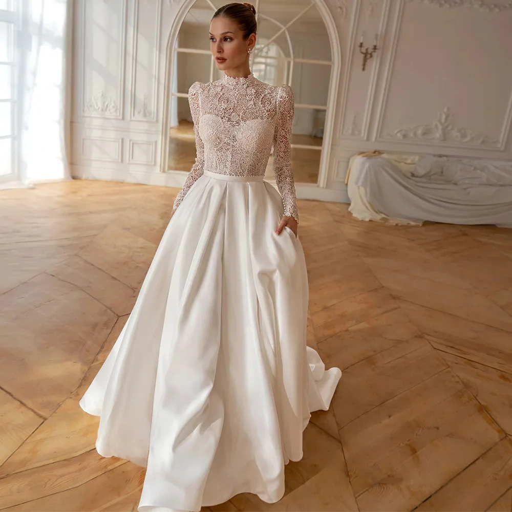

New Satin Side Slit Wedding Dress A-line Lace Long Sleeves and Pearl High Neckline Saudi Floor length Bridal Gown Customzied