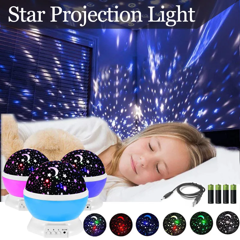 Star LED Projector Starry Sky Lamp Rotating Cute Room Decor Kawaii USB Battery Powered Night Light for Kids Baby Girl Bedroom